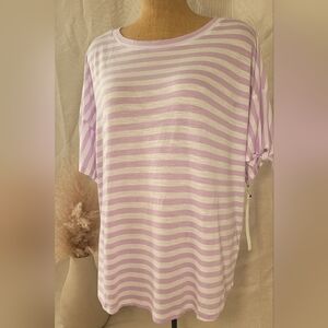 Caslon White and Lilac Striped Shirt with Bow Detailed Sleeve Size 2x